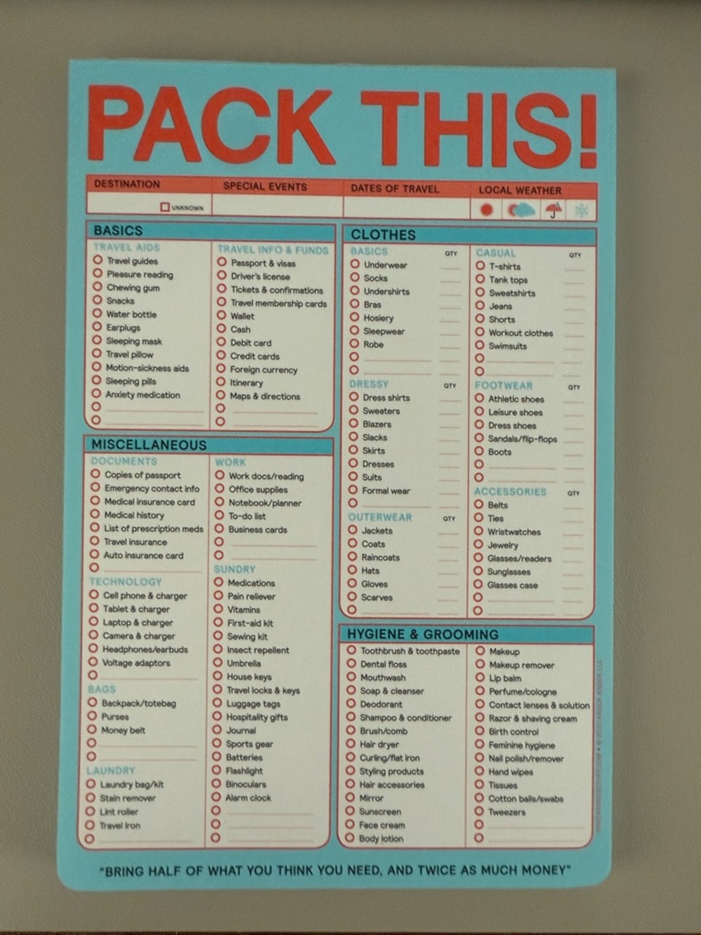 Knock Knock Pack This! Checklist Notepad in Turquoise and Red